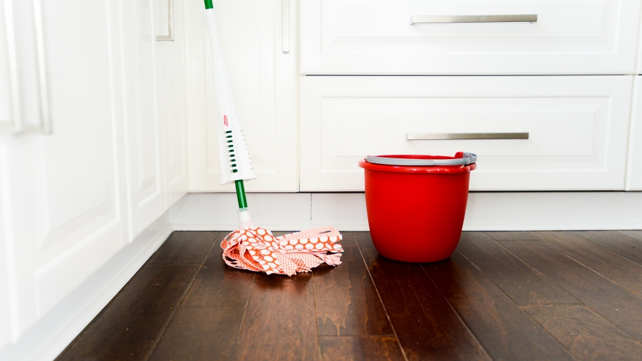 mop and bucket on a hardwood floor